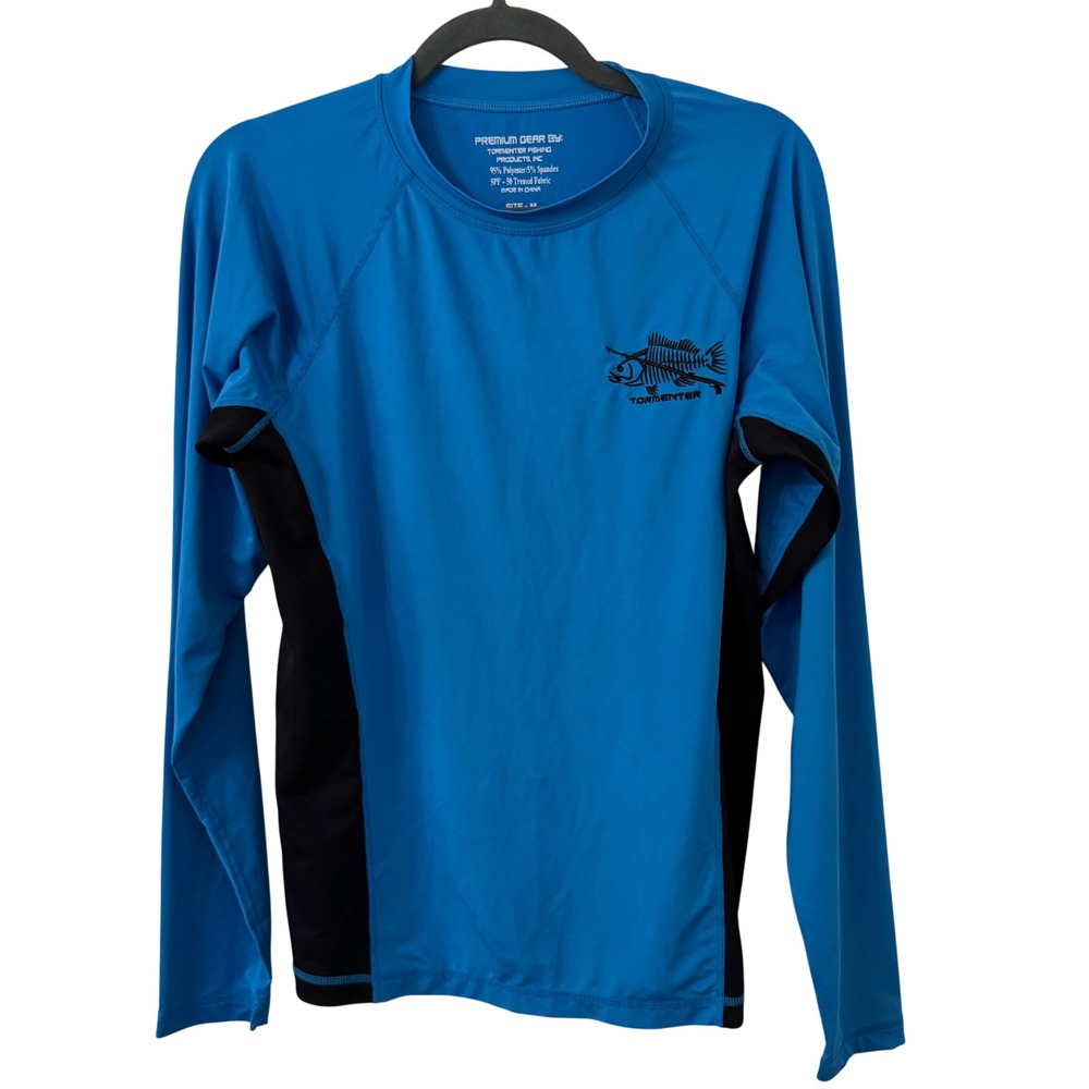 Tormenter Rash Guard Shirt Mens M Blue Fish Logo Fishing SPF 50 Long‎ Sleeve